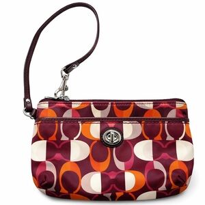 Coach Signature Print Wristlet Plum Orange Turnlock Pouch Clutch